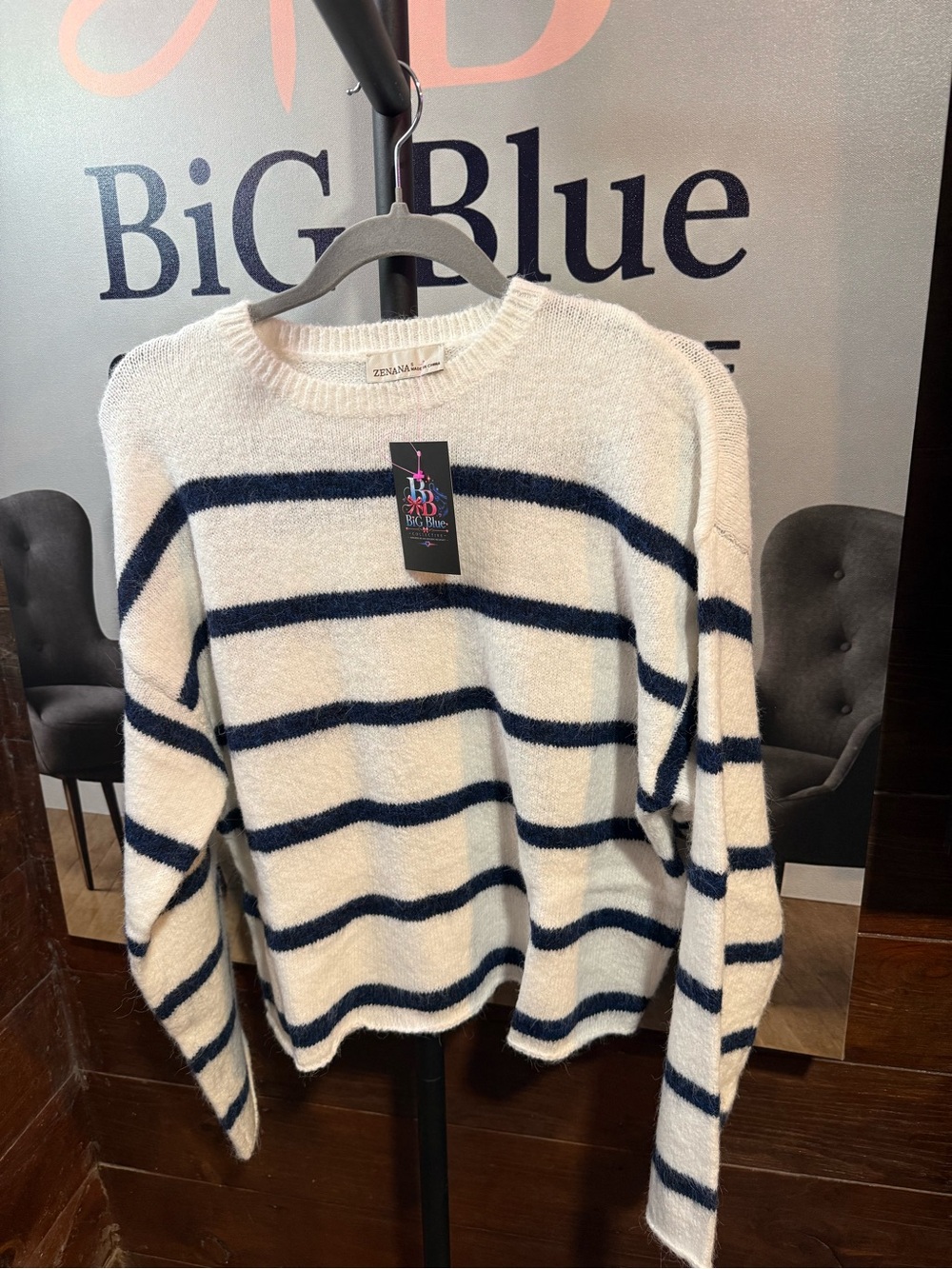 Women’s Cream & Navy Striped Crewneck Sweater